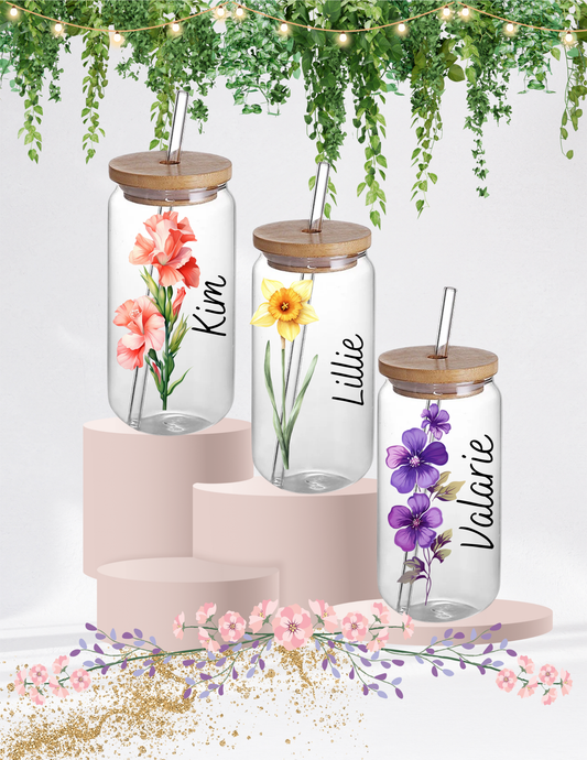 Birth Month Flower Glass Cup with Name
